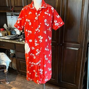 Vintage Heather Collection Sz M/L Red Floral Snap Front House Coat Hawaiian GVC